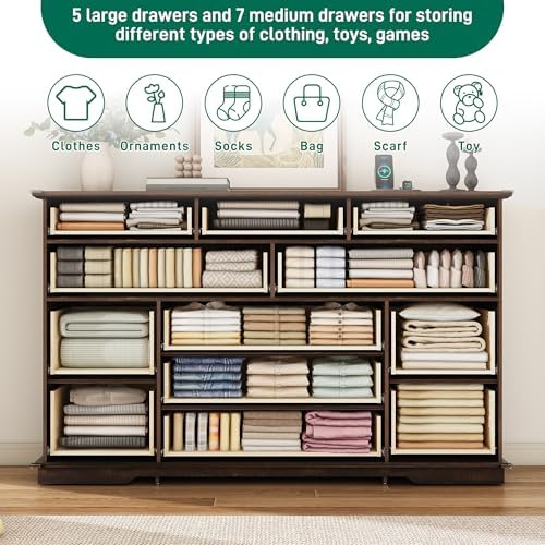 jiteentarou Farmhouse 12 Drawer Dresser for Bedroom,63” Wood Dresser & Chest of Drawers with Power Outlets,Large & Wide Dressers for Bedroom,Tall Storage Dresser Organizer(Rustic Brown)