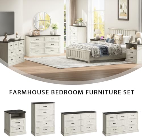 Farmhouse 7 Drawer Dresser for Bedroom, 55" White Dresser with TV Stand