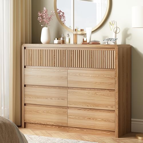 LYNSOM Oak Fluted 8 Drawer Dresser for Bedroom, Curved Edge, 50" Wide