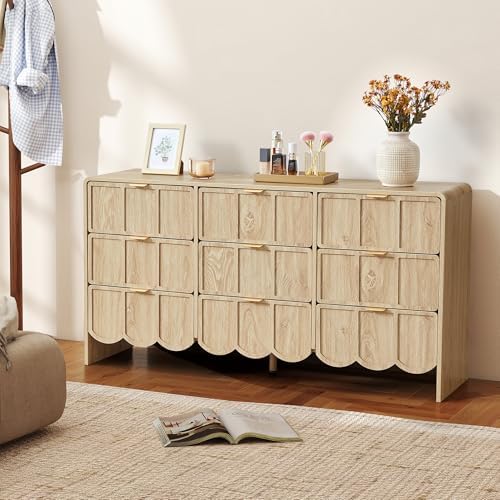 ORRD 9 Drawer Dresser for Bedroom, Modern Closet Chest of Drawers with Wave Fluted Drawer, Wood Storage Small Dresser Organizer for Nursery Bedroom Living Room Hallway Closet (Natural)