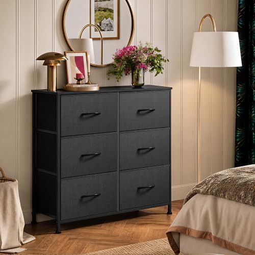 WLIVE Black Fabric Dresser for Bedroom, 6 Drawer Dressers Chest of Drawers