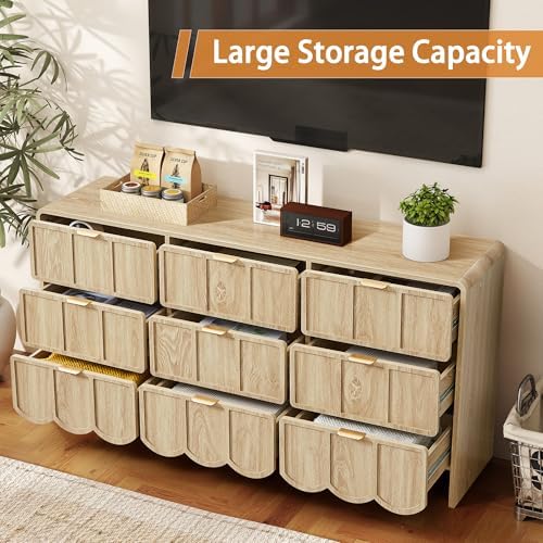 ORRD 9 Drawer Dresser for Bedroom, Modern Closet Chest of Drawers with Wave Fluted Drawer, Wood Storage Small Dresser Organizer for Nursery Bedroom Living Room Hallway Closet (Natural)