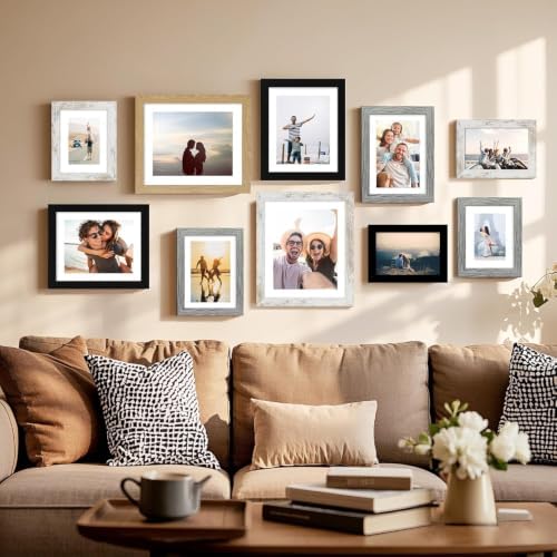 Hongkee 10x12 Picture Frame Set of 4, Made of Real Glass and Multicolour Frame - Display Picture 8x10 with Mat or 10x12 Without Mat, 10 by 12 Photo for Wall Mounting