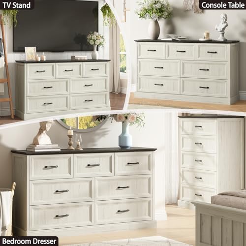 Farmhouse 7 Drawer Dresser for Bedroom, 55" White Dresser with TV Stand