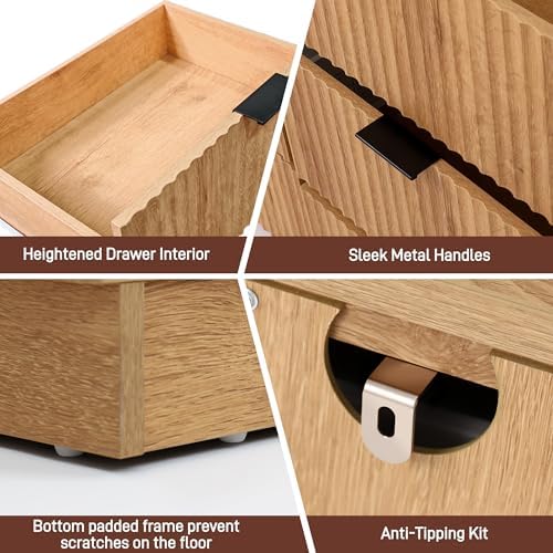 Fluted 9 Drawers Dresser for Bedroom, 63" Wood Dresser w/Power Outlet and Deep Drawers, Wide Chest of Drawers, Modern Closet Dressers for Living Room, Upgraded Version w/Wooden Drawers, Oak