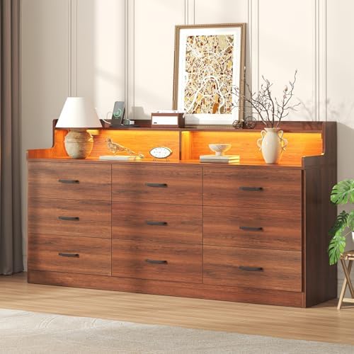 Bigbiglife 9 Drawer Dresser with Built in Power Outlet and LED Light, Modern Chest of Drawers for Bedroom, Triple Wide Drawer Organizer Cabinet for Living Room, Entryway, Hallway, Walnut Brown