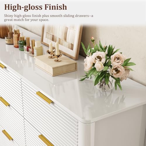 Fluted 8 Drawer Dresser, 47" High Gloss Dresser for Bedroom, White