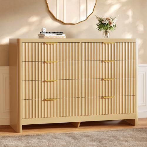 Fluted 8 Drawer Dresser for Bedroom, 47" Wide Modern Chest of Drawers with Metal Handle & Storage, Wooden Dresser TV Stand, Closet Clothes Storage Organizer for Living Room, Natural Oak Dresser