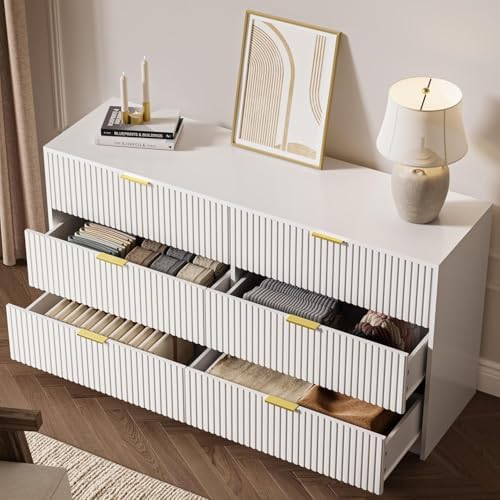 MAISONARIA White 6 Drawer Dresser for Bedroom, 55" Wide Modern Chest of Drawers with Gold Metal Handles, Fluted Wood TV Stand for Living Room, Hallway
