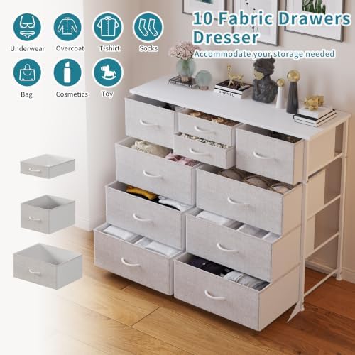 LUMTOK 10 Drawers Dresser with Fabric Bins for Bedroom,Closets，Light Gray