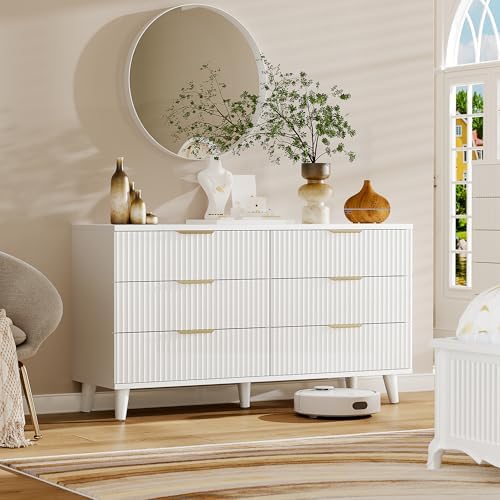 Wood Tall 6 Drawers Dresser, 53.2" W Fluted Modern Dressers for Bedroom