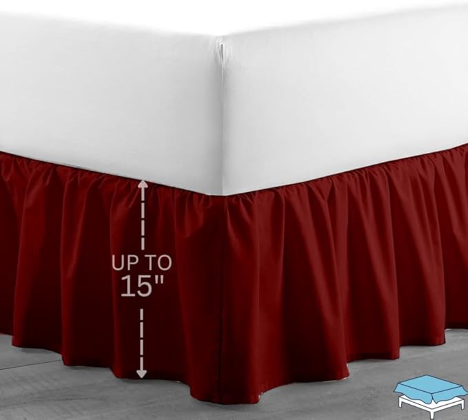 Ruffle Bed Skirt with Split Corners, Microfiber Dust Ruffled for a Perfectly Tailored Bedding Ensemble, Wrinkle and Fade Free, Easy Fit, Full Size 15 Inch Drop, Burgundy