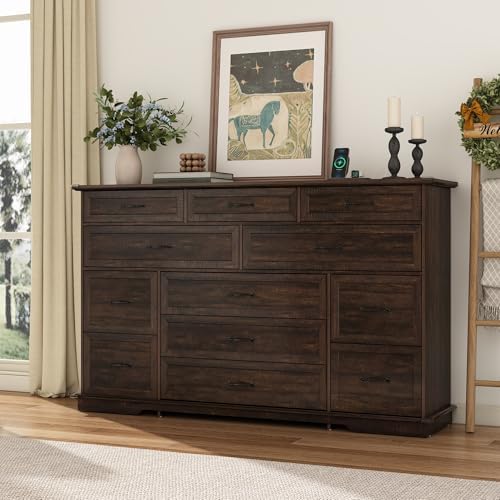 jiteentarou Farmhouse 12 Drawer Dresser for Bedroom,63” Wood Dresser & Chest of Drawers with Power Outlets,Large & Wide Dressers for Bedroom,Tall Storage Dresser Organizer(Rustic Brown)