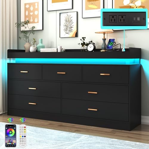 Hlivelood 7 Drawer Dresser with LED Light and Charging Station, Modern Chest of Drawers for Closet, Wide Drawer Organizer Cabinet for Bedroom, Living Room, Entryway, Hallway, Black