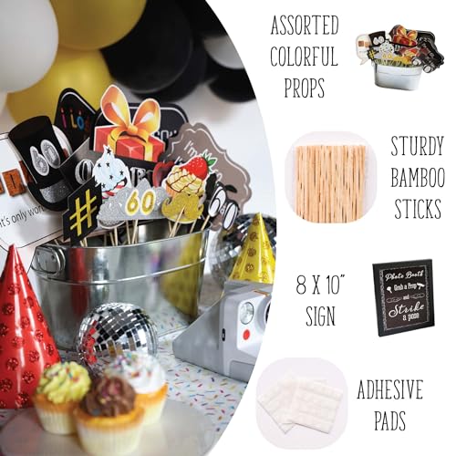 60th Birthday Photo Booth Props - 31-pc Selfie Props with 8 x 10-Inch Sign, 45 Adhesive Pads, 35 Sticks - Birthday Decorations