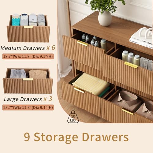 9 Drawer Fluted Dresser for Bedroom with Deep Drawers, Light Walnut丨63 Wide Wood Dresser, Large Chest of Drawers, Modern Long TV Stand, Storage Cabinet Side Table for Living Room, Hallway