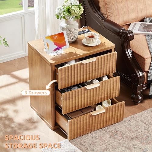 LEYAOYAO Fluted Nightstand with Charging Station, 23" Modern Night Stand with Woodgrain Top, 3 Drawers End Table w/Storage, Bedside Tables for Bedroom, Living Room, Curved Profile Design,Brown