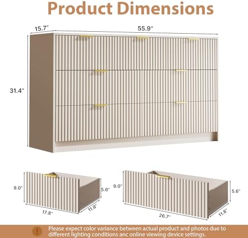 MAISONARIA Beige 7 Drawer Dresser for Bedroom, 55.9" Wide Modern Fluted Dresser with Gold Metal Handles, Wide Chest of Drawers for Bedroom, Living Room, Entryway, Hallway