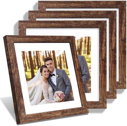 Hongkee 10x10 Picture Frame Set of 4, Made of Glass and Rustic Brown Wooden Frame - Display Picture 8x8 with Mat or 10 x 10 Without Mat, 10 by 10 Photo for Wall or Tabletop
