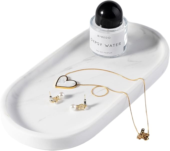 Koville White Marble Oval Tray for Bathroom Countertop, 10" x 5" Natural Marble Vanity Trays, Stone Perfume Organizer Tray for Decor, Jewelry Dish Perfume Trays for Dresser