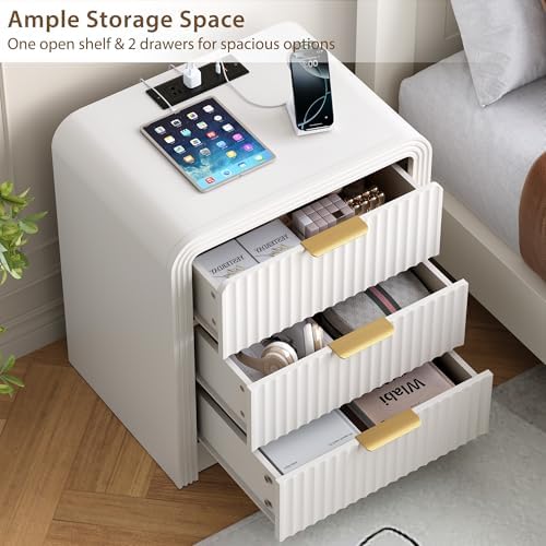 Decofy Fluted 3-Drawer Nightstand with Charging Station, Pure White