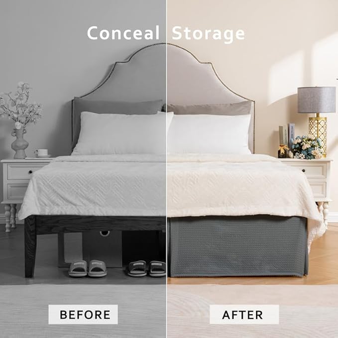 MIYE Pleated Waffle Weave Bed Skirt, Tailored Dust Ruffle 14 Inch Drop Easy Fit, Machine Washable (Dark Grey, Twin - 14" Drop)