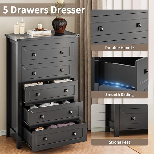 Xixini 45.5" Tall 5-Drawer Dresser for Bedroom, Chest of Drawers, Black