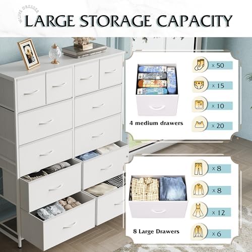 WLIVE 12 Drawer Tall White Fabric Dresser Bedroom Storage Chest