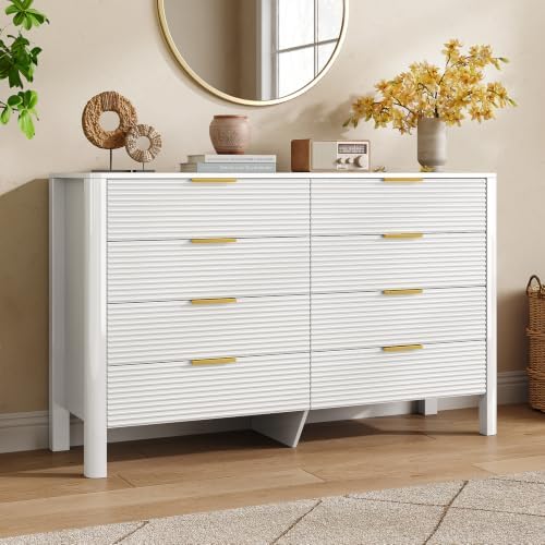 Fluted 8 Drawer Dresser, 47" High Gloss Dresser for Bedroom, White
