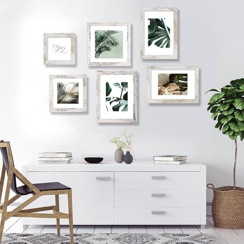 Hongkee 9x12 Picture Frame Set of 4, Made of Glass and Distressed White Wooden Frame - Display Picture 6x8 with Mat or 9 x 12 Without Mat, 9 by 12 Photo for Wall or Tabletop