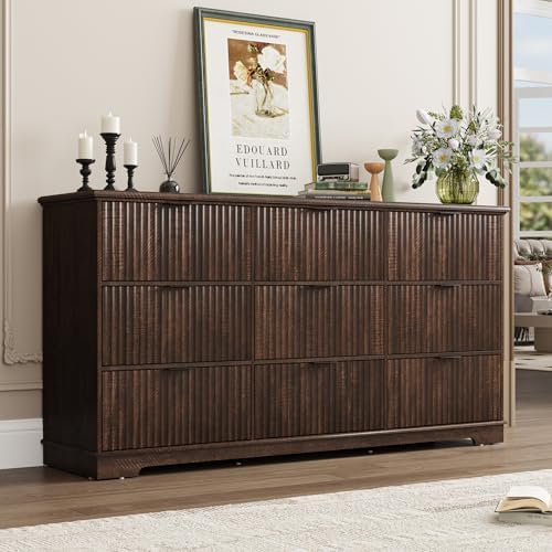 Fluted 9 Drawers Dresser for Bedroom, 63" Wood Dresser with Power Outlet and Deep Drawers, Wide Chest of Drawers, Modern Closet Dressers for Living Room, Upgraded Version with Wooden Drawers, Brown