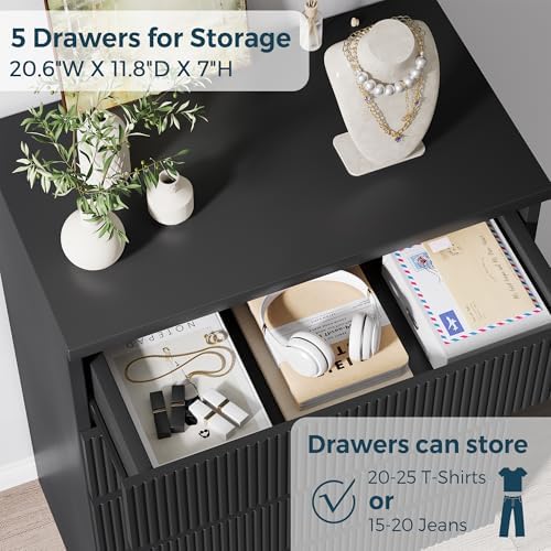 Jocoevol 5 Drawer Dresser, 43" Tall Dresser Chest of Drawers Fluted Design, Wood Mid Century Vertical Dresser Natural Texture for Bedroom, Black Dresser