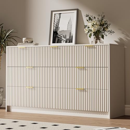 MAISONARIA Beige 7 Drawer Dresser for Bedroom, 55.9" Wide Modern Fluted Dresser with Gold Metal Handles, Wide Chest of Drawers for Bedroom, Living Room, Entryway, Hallway