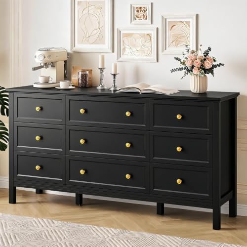 CARPETNAL 59" Black Dresser for Bedroom with 9 Drawer & Modern Gold Handles