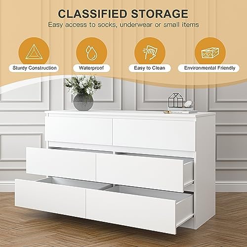 VERYKE White 6 Drawer Dresser for Bedroom,Chest of Drawers with No-Handle Design for Closet,Modern Wood Dresser Bedroom Storage Furniture