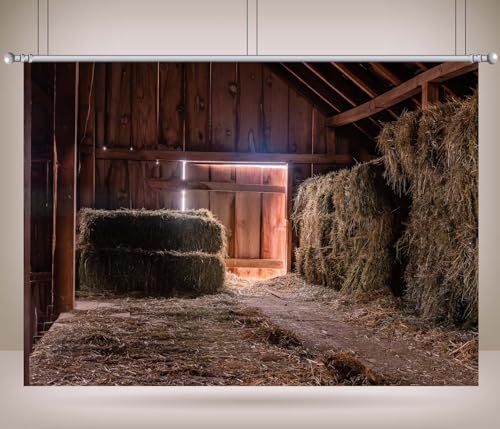 12x8ft Inside Old Dirty Barn Backdrop Hay Bales Dark Wood Beams Barn Interior Photography Background Haystack Country Farmhouse Backgrounds Party Photoshoot Props - size: 12x8ft