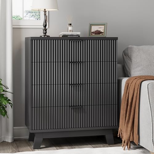 Xixini Fluted Nightstand with 4 Drawers, 31.5" Wide Side Table, Black