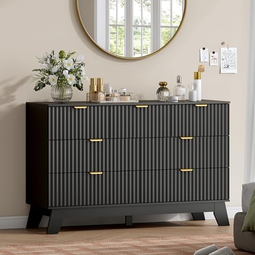 Wodeer 7 Drawer Fluted Dresser for Bedroom, Mid Century Modern Dresser with 7 Drawers, Dressers & Chests of Drawers with Metal Handle, TV Stand & Storage Organizer for Entryway, Hallway, Black