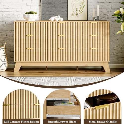 HUANLEGO Fluted Dresser for Bedroom with 9 Drawers, Oak
