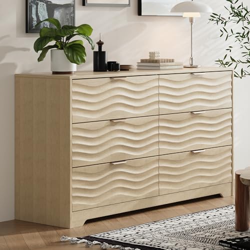 MALOL 6 Drawer Dresser for Bedroom,55" Wide Large Wooden Storage Organizer Chest of Drawers,Modern Wooden Closet Storage Chest/TV Stand with Metal Handles,for Living Room,Hallway,Entryway,NaturalWood