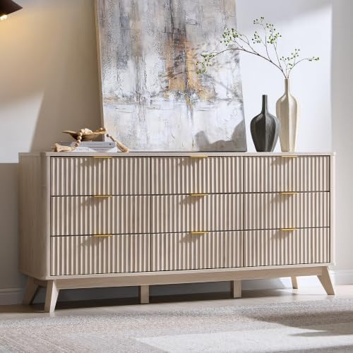 T4TREAM 63" Wide Fluted 9 Drawer Dresser for Bedroom, White Alder