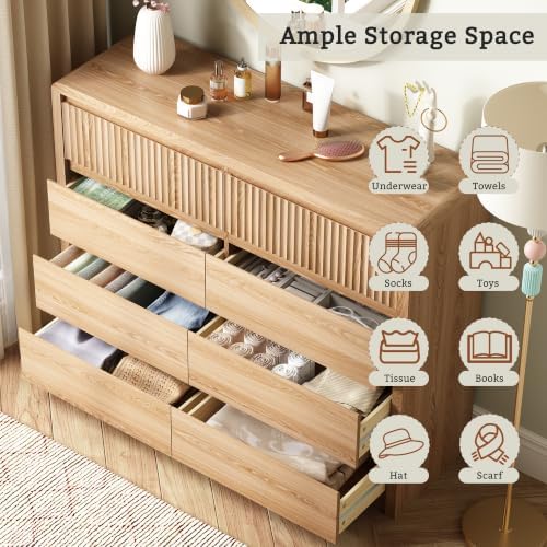 LYNSOM Oak Fluted 8 Drawer Dresser for Bedroom, Curved Edge, 50" Wide