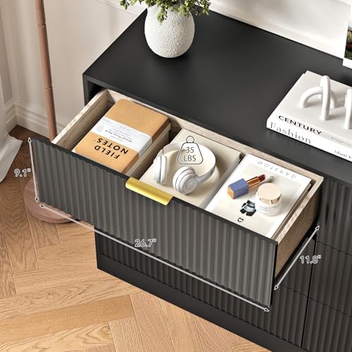 6 Drawers Fluted Dresser for Bedroom, 55" Wide Wooden Dresser with Deep Drawers, Large Floor Chest of Drawers, Modern Long TV Stand, Storage Cabinet Side Table, Black