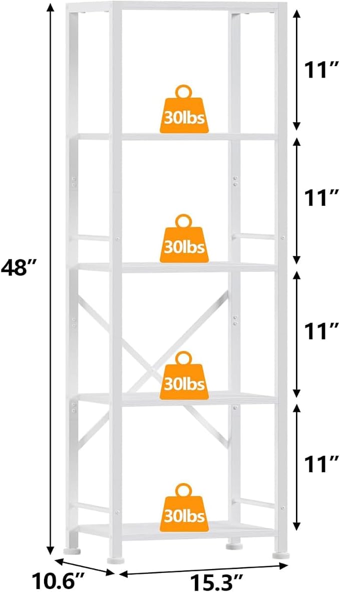 Furologee White Bookshelf 5 Tier Bookcase, Tall Narrow Bookshelves, Modern