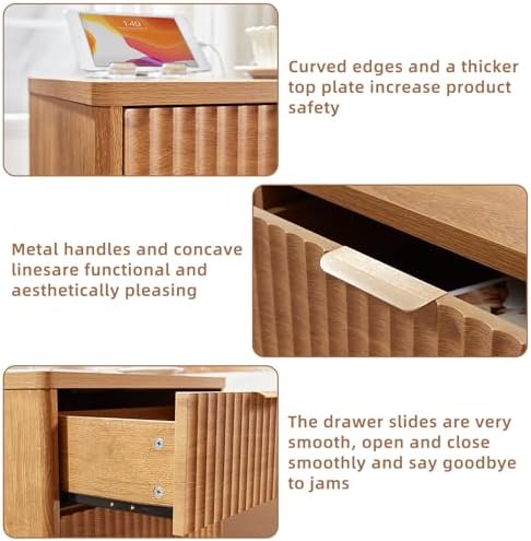LEYAOYAO Fluted Nightstand with Charging Station, 23" Modern Night Stand with Woodgrain Top, 3 Drawers End Table w/Storage, Bedside Tables for Bedroom, Living Room, Curved Profile Design,Brown