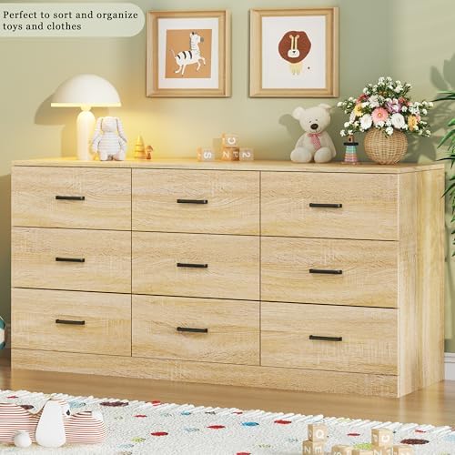 HUAHUU 9 Drawer Dresser for Bedroom, 60'' Long Mid Century Modern Dressers TV Stand, Wood Vintage Chests of Drawers, Large Storage Organizer for Bedroom, Closet, Entryway, Natural Oak