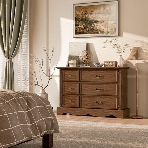 Farmhouse 6-Drawer Dresser with Charging Station for Bedroom