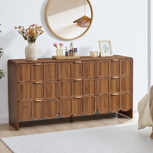 ORRD 9 Drawer Dresser for Bedroom, Modern Closet Chest of Drawers with Wave Fluted Drawer, Wood Storage Small Dresser Organizer for Nursery Bedroom Living Room Hallway Closet (Walnut)