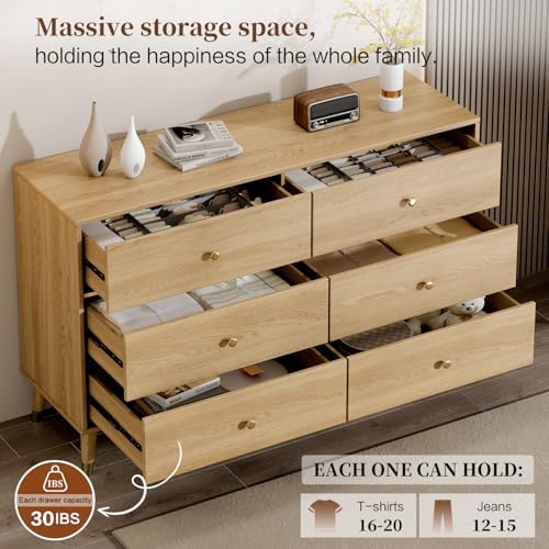 Chrangmay 6 Drawer Dresser,47.24" Wide Mid Century Chest of Drawers,Wooden Bedroom Drawer Dresser with 9 Storage Drawers for Bedroom,Living Room,with Anti-Tipping Device,Oak