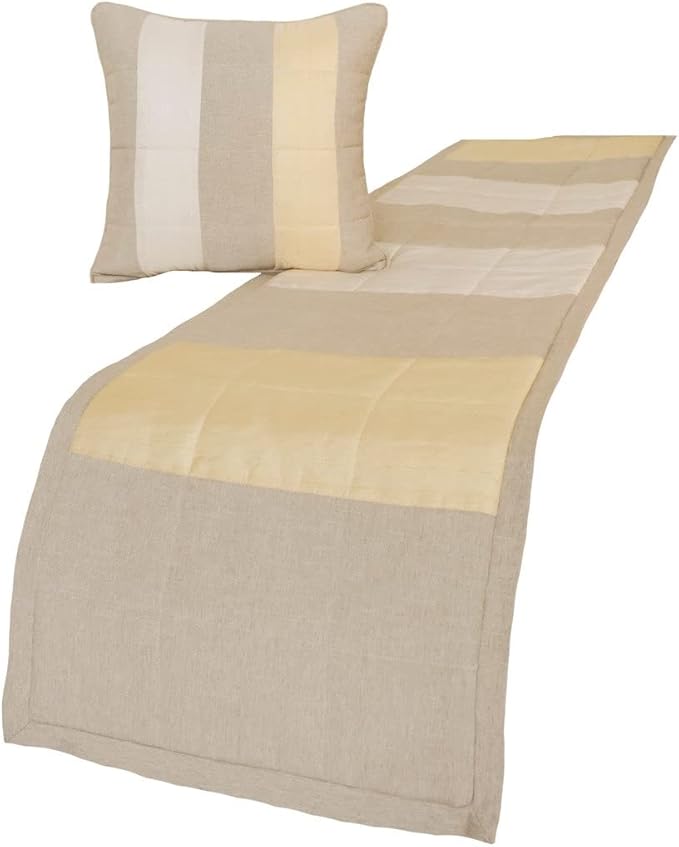 The HomeCentric King/Queen/Twin Beige Decorative King 90"x18" Bed Runner with Pillow Cover, Color Block, Patchwork, Quilted, Silk, Linen & Striped Bed Scarf on Linen & Silk Fabric - Alikka